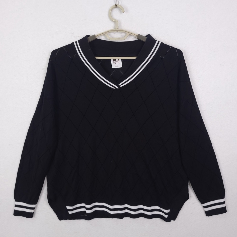 Planet by Lauren G V-Neck Sweater Womens OS Black Varsity Stripe Quilted Pima